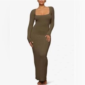 SKIMS Olive Soft Lounge Long Sleeve Maxi Dresss